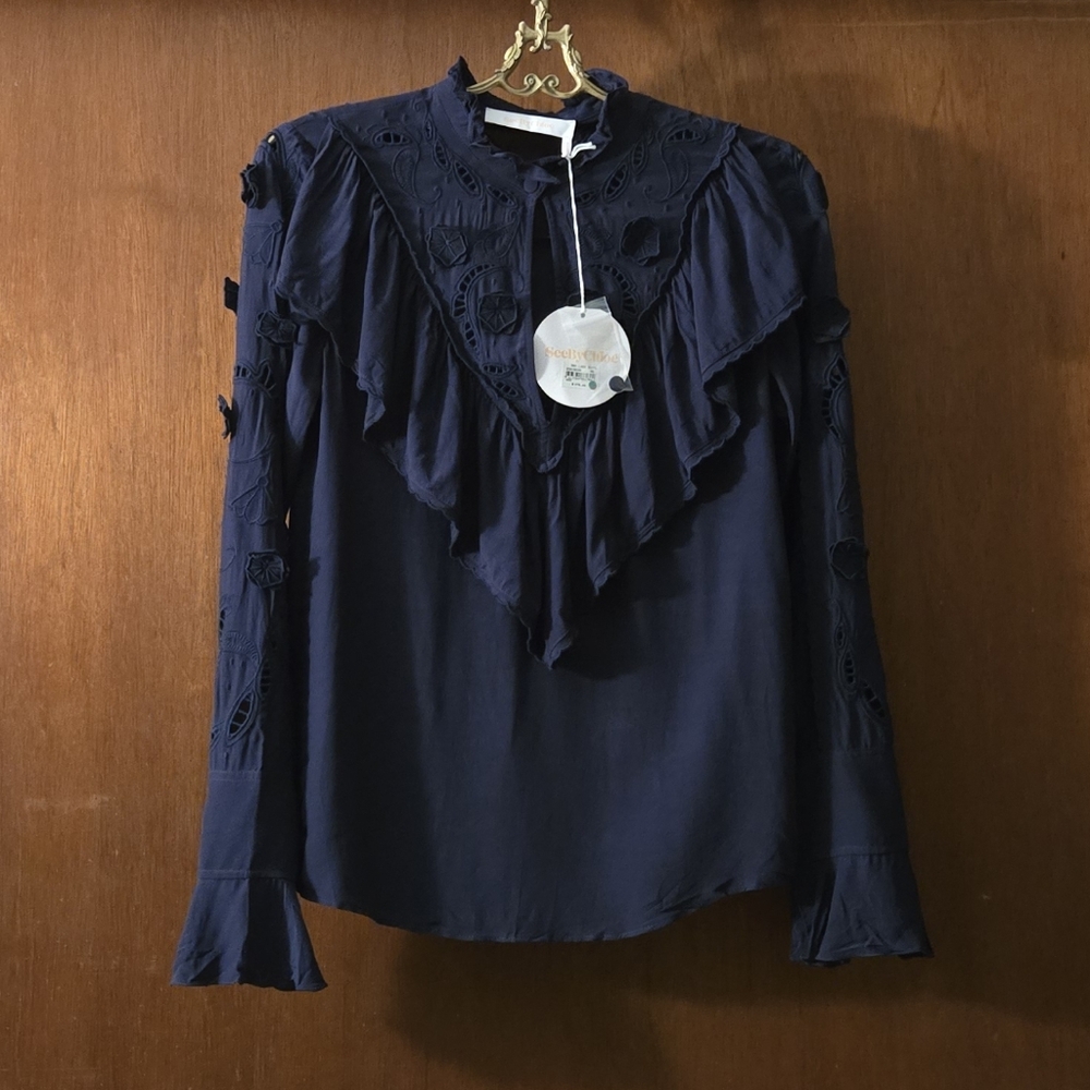 See By Chloe Ink Navy High Neck Ruffled Long Sleeve Top